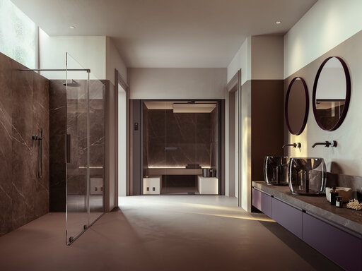 Badezimmer mit Wellnesslösung, Badmöbel, Waschbecken und Duschabtrennung